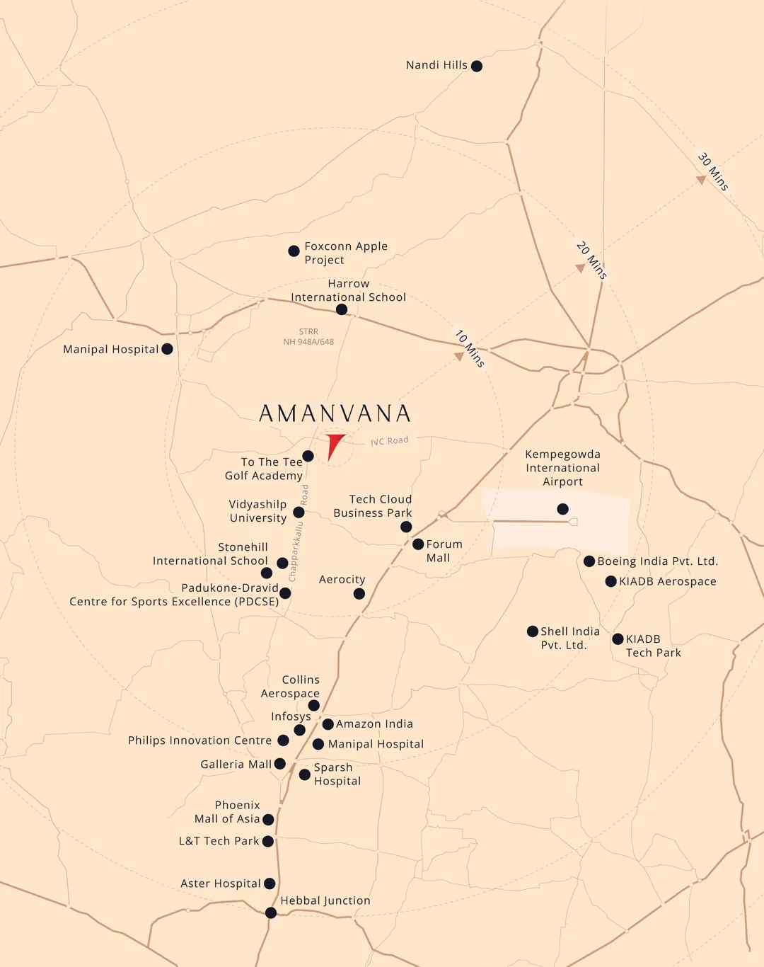 Amanvana location map, IVC Road Devanahalli near Kempegowda International Airport